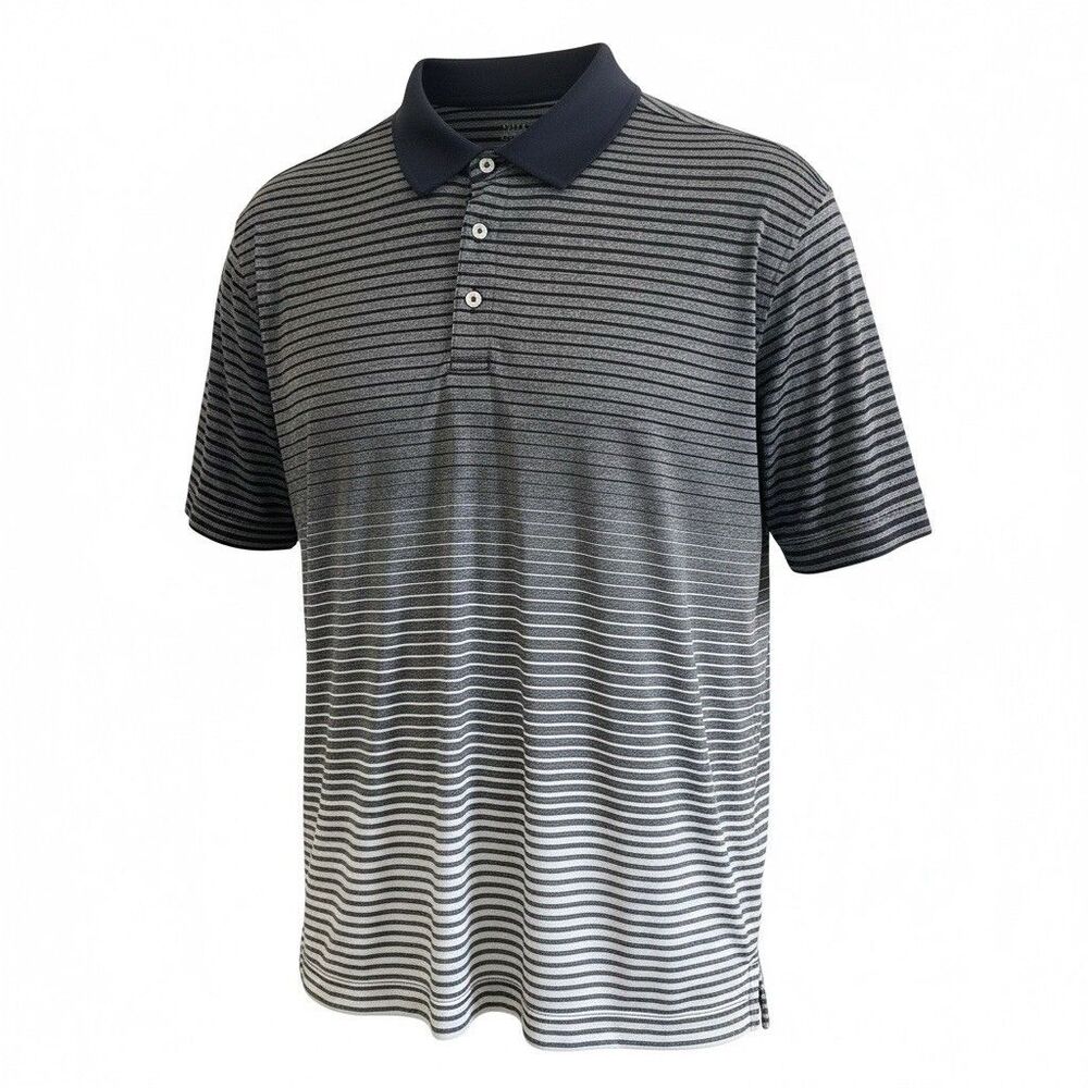 Falls Creek Men's Navy Blue, Gray White Striped Polo Shirt XL Short Sleeve